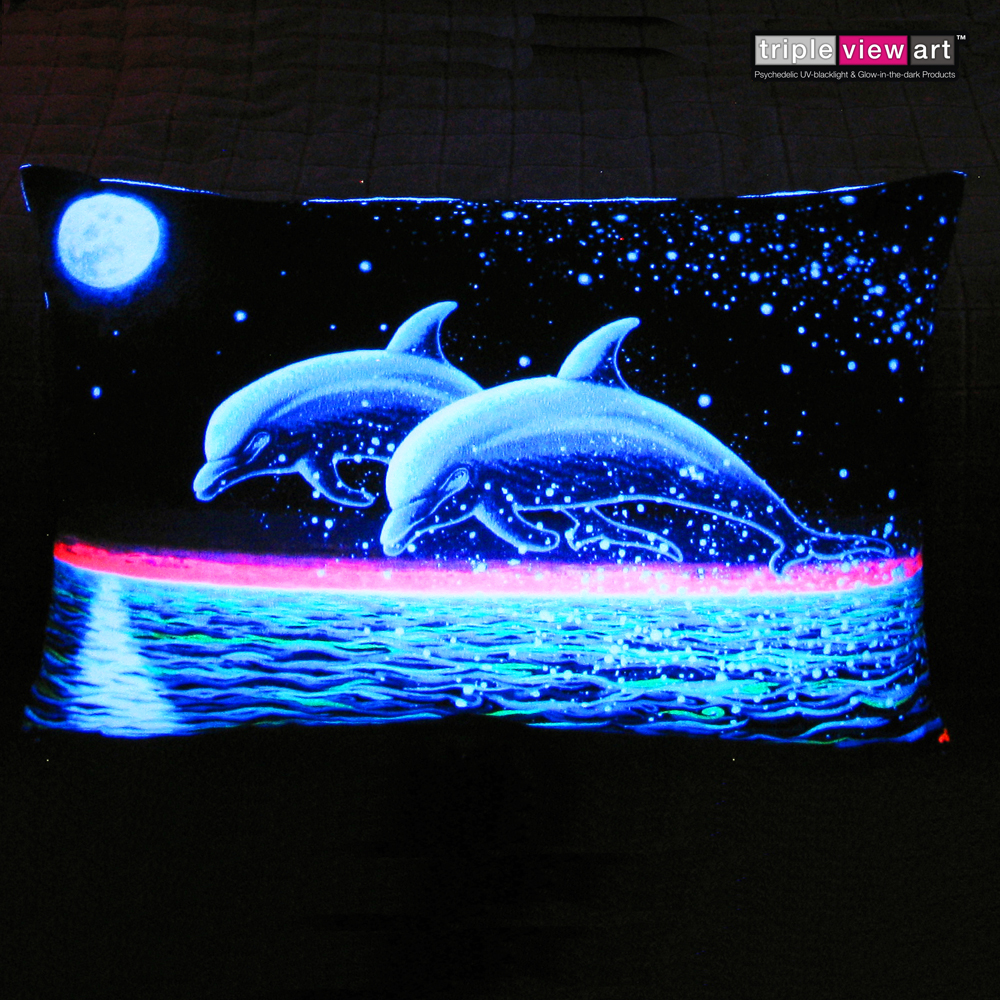 "Two Dolphins" UV Black Light Fluorescent Double Sided Cushion Cover Decorative Throw Pillow Case
